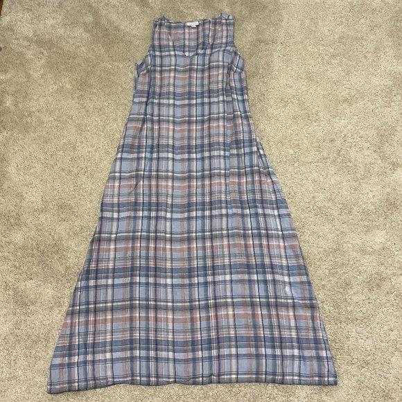 J. Jill Love Linen Dress Size Small Plaid Pink Blue Sleeveless Midi V Neck Shift - Picture 1 of 10